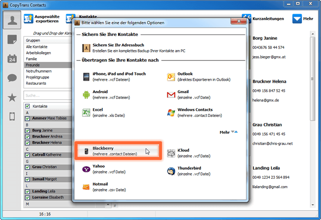 iPhone Kontakte für BlackBerry exportieren