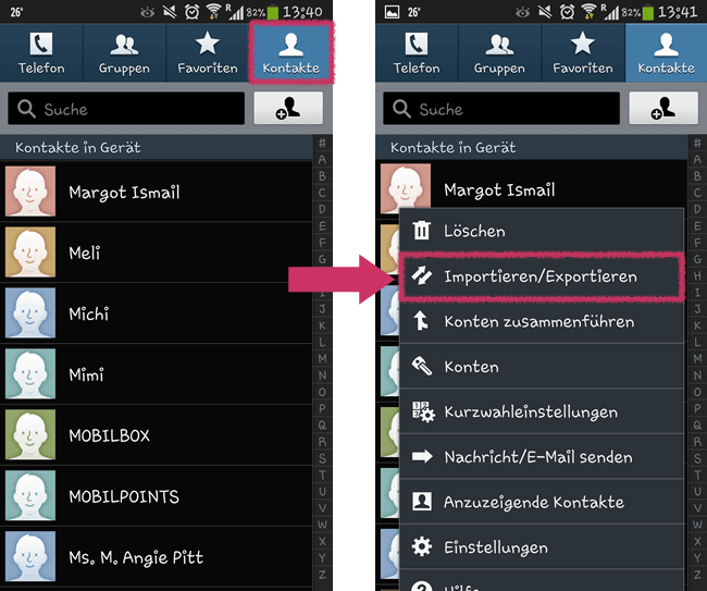 Samsung Kontakte übertragen über Einstellungen