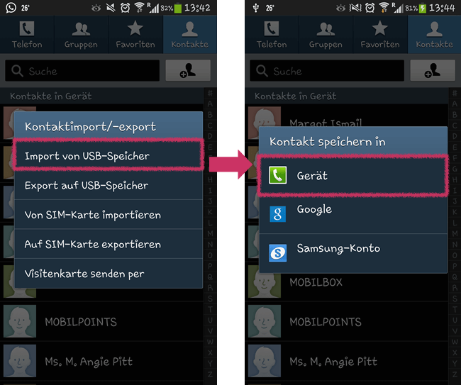 Kontakte übertragen Samsung von USB