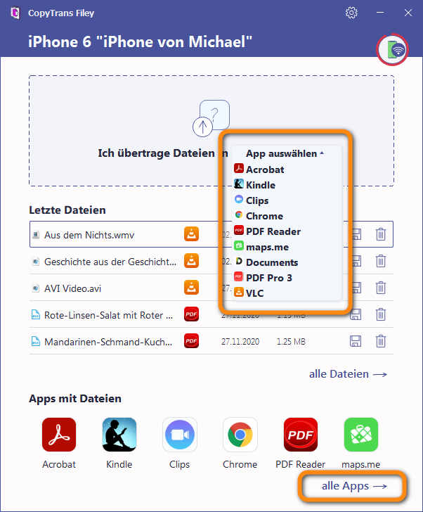 MP3 auf iPhone: App in CopyTrans Filey auswählen