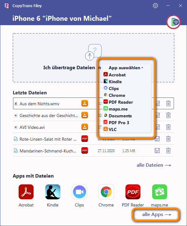 App in CopyTrans Filey auswählen