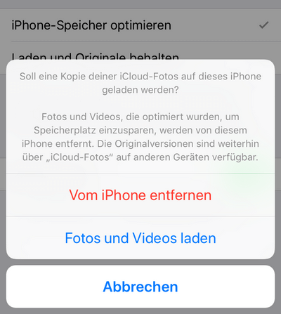 iCloud Fotos deaktivieren Meldung