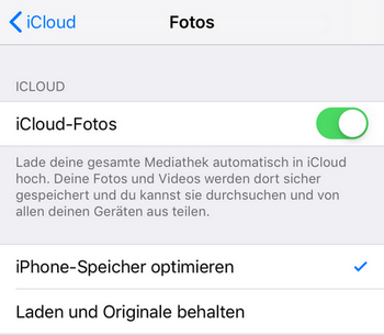 Die Funktion iCloud Fotos ist aktiviert