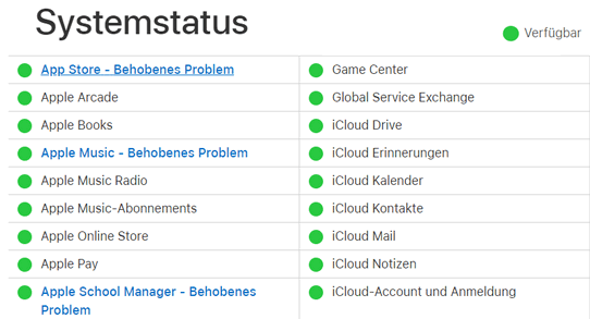 den Apple Status nach Störungen überprüfen