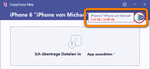 iPhone Speicherplatz in CopyTrans Filey angezeigt