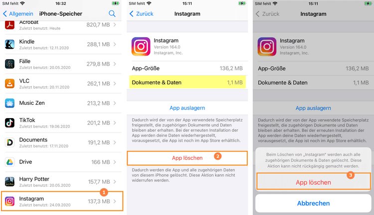 Instagram-App löschen und Dateien am iPhone löschen