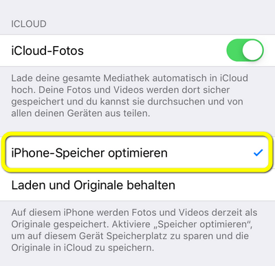 die Option iPhone Speicher optimieren aktivieren