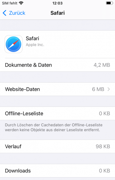 Safari Speicher am iPhone prüfen