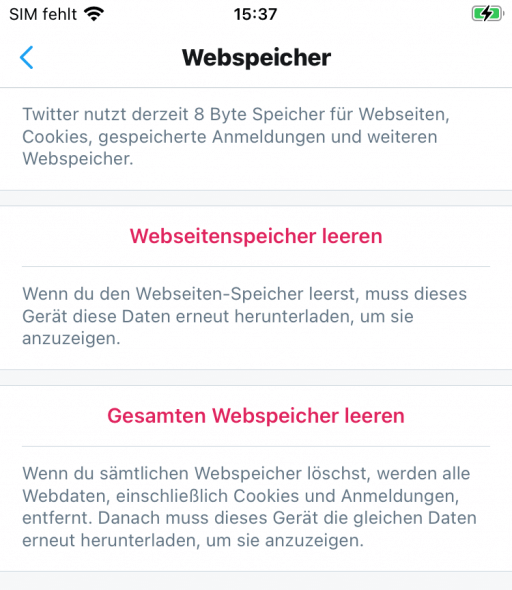 iPhone-Speicher Dokumente und Daten löschen: Twitter Webspeicher löschen
