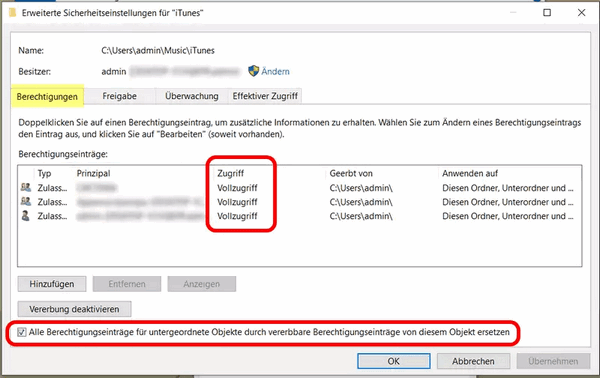 iTunes synchronisiert nicht: Vollzugriff prüfen