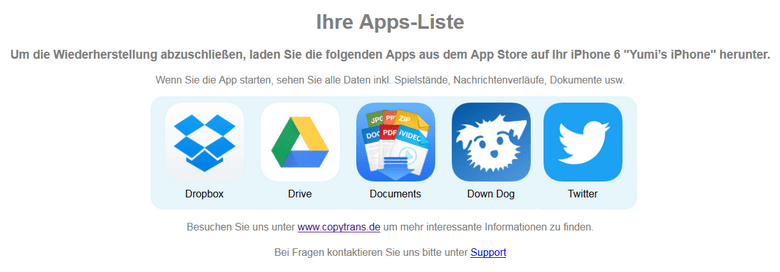 iPhone Apps Liste zum Wiederherstellen