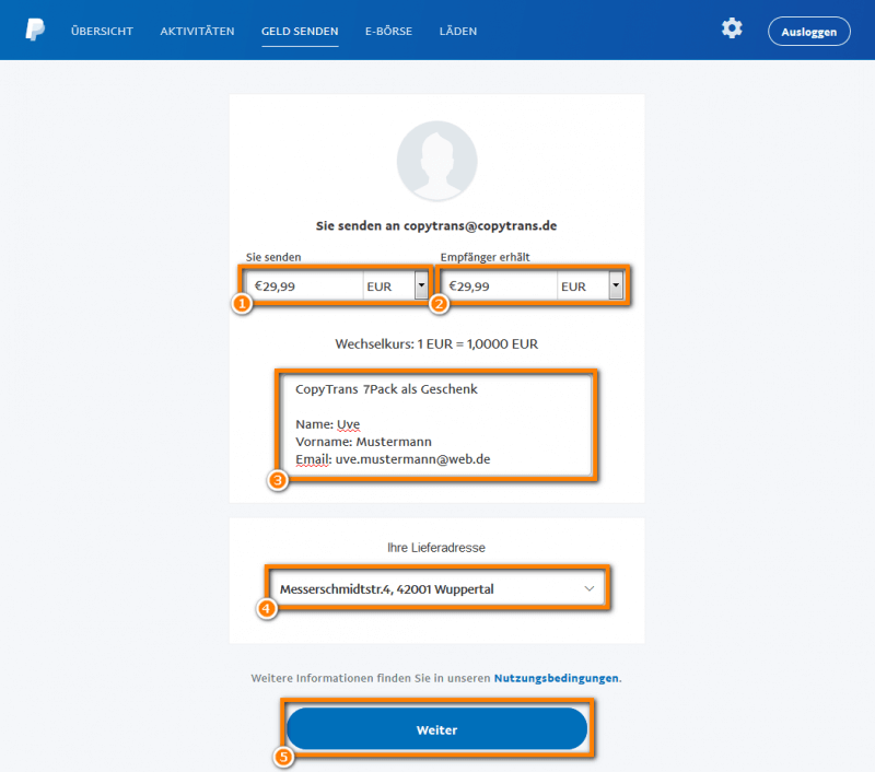 Zahlungssumme und Geschenkempfänger angeben