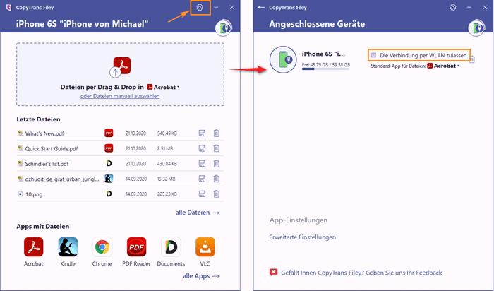 WLAN in Einstellungen - CopyTrans Filey