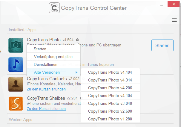 CopyTrans ältere Version auswählen