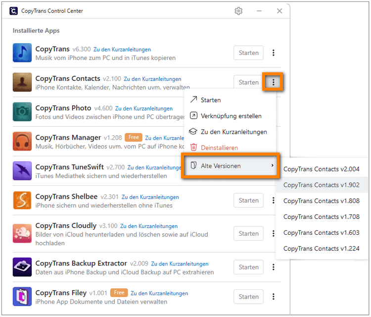 Alte Versionen installieren in CopyTrans Control Center