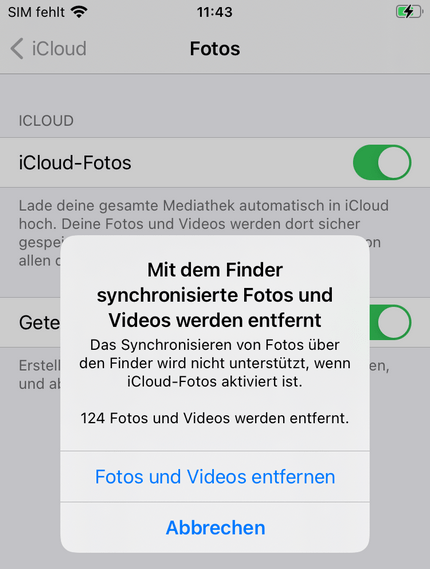  Mit dem Finder synchronisierte Fotos werden entfernt