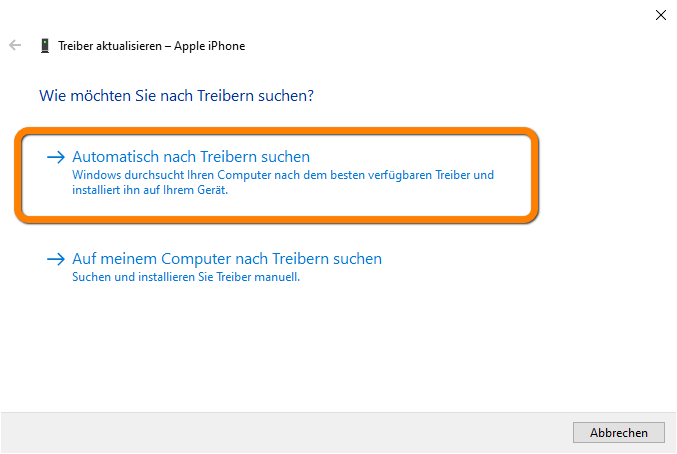 iPhone wird nicht erkannt: Automatisch nach Treibern suchen