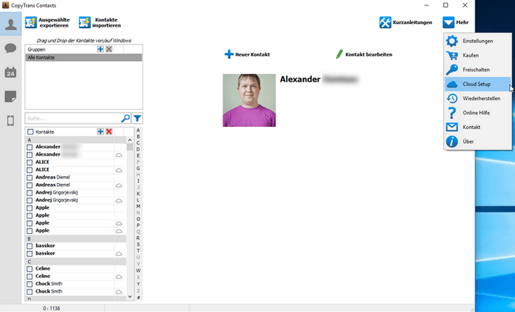 In CopyTrans Contacts Feld - Mehr, Cloud Setup auswählen