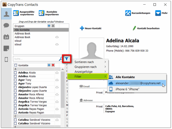 Filter in CopyTrans Contacts und iPhone doppelte Kontakte beseitugen