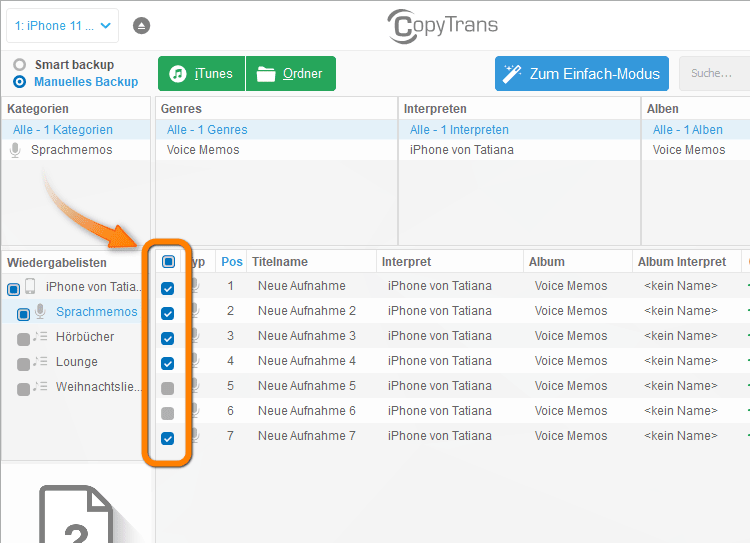 Alle oder einige Sprachmemos in CopyTrans wählen