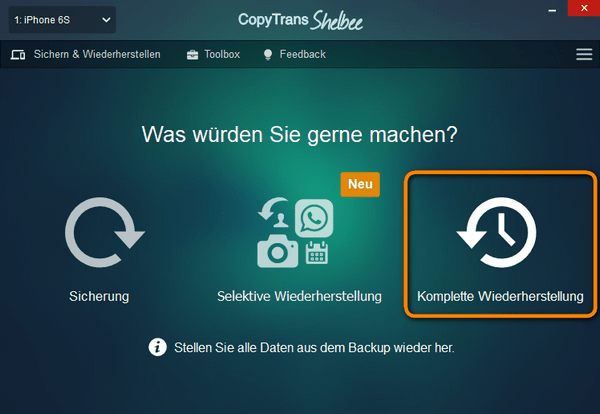 Komplette Wiederherstellung auswählen
