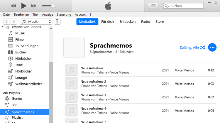 Sprachmemos in iTunes übertragen