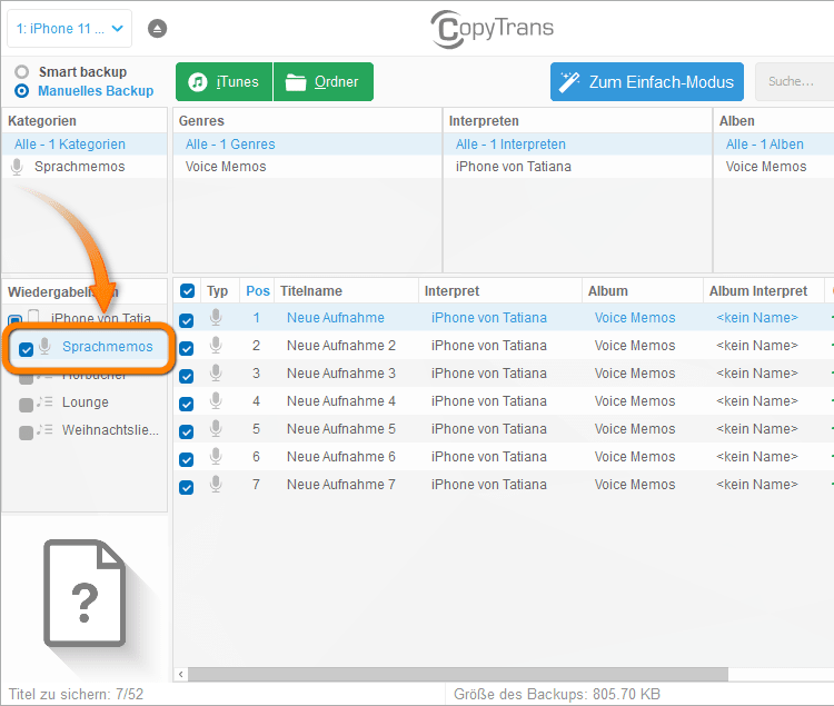 Sprachmemos in CopyTrans auswählen