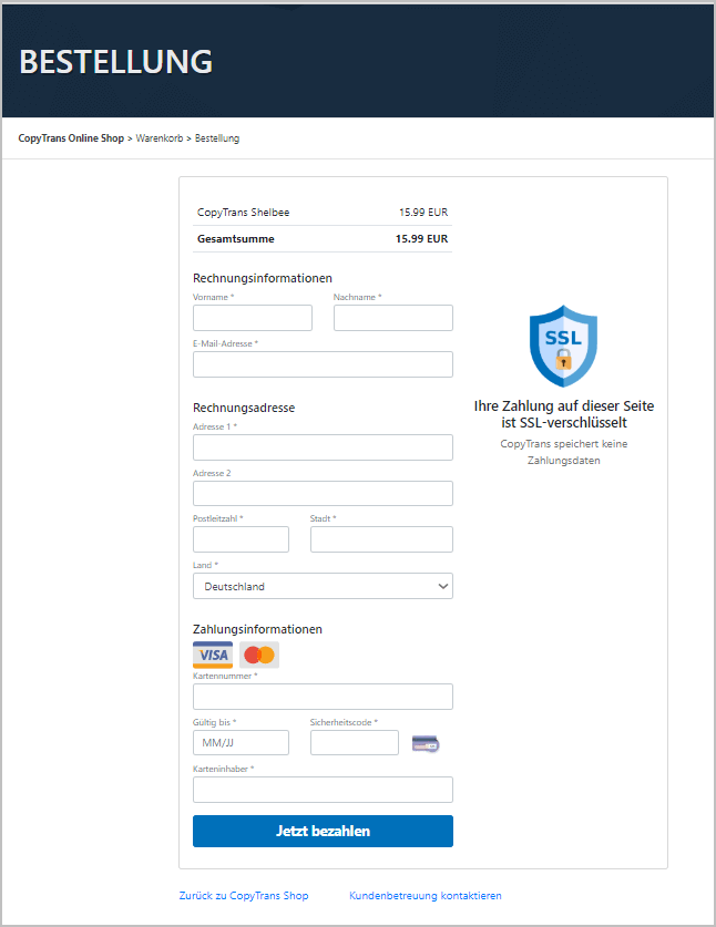 CopyTrans Programm per Kreditkarte bezahlen