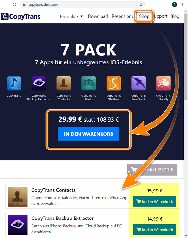 CopyTrans Programme in Shop auf der Webseite kaufen