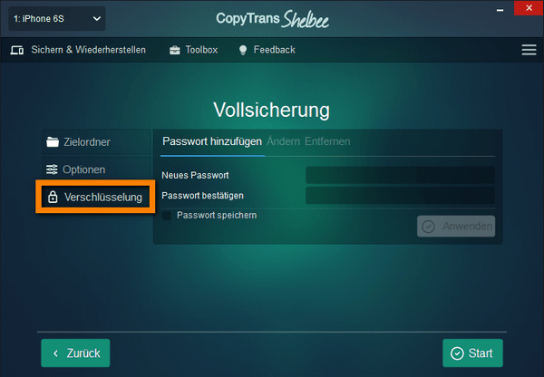 Backup Verschlüsselung einstellen