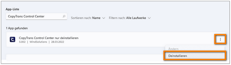 CopyTrans Control Center deinstallieren in Windows Einstellungen