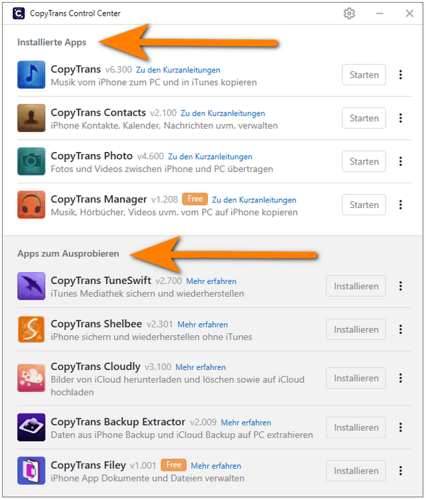 Installierte und weitere Apps in CopyTrans Control Center