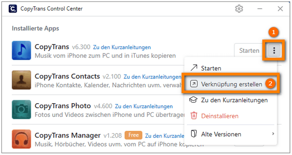 Verknüpfungen in CopyTrans Control Center erstellen