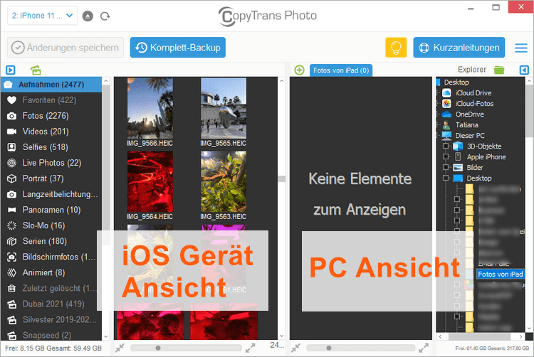 Bilder von iPad auf PC: CopyTrans Photo Hauptfenster