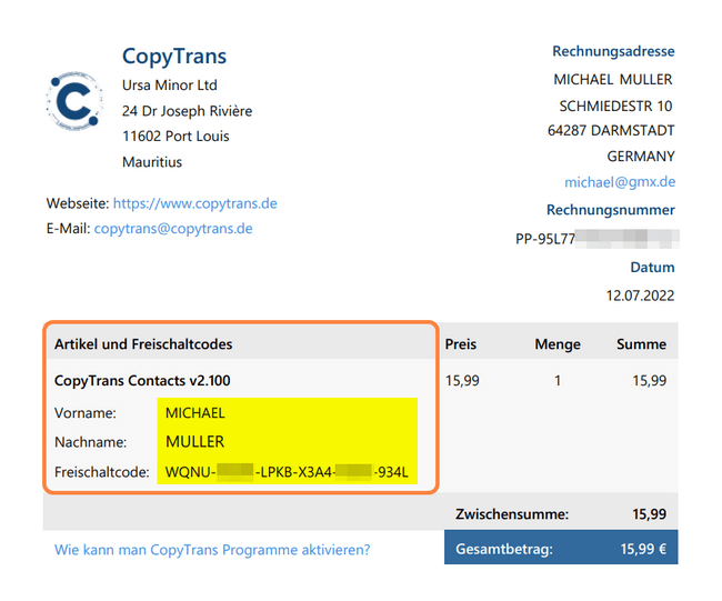  Musterrechnung für CopyTrans Programme