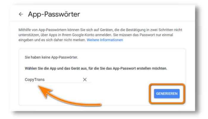 App Passwort Gmail für CopyTrans Contacts