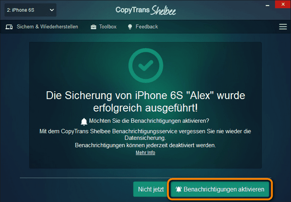 Aktivierung der Benachrichtigung nach Backup 