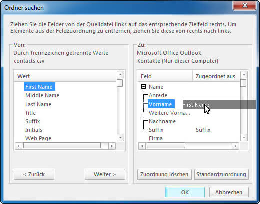 Benutzerdefinierte Felder zuordnen outlook