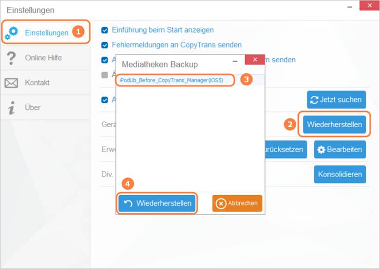 CopyTrans Manager: Mediathek wiederherstellen