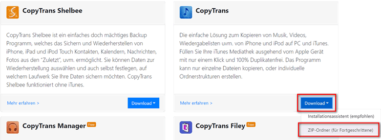 CopyTrans ZIP-Ordner herunterladen