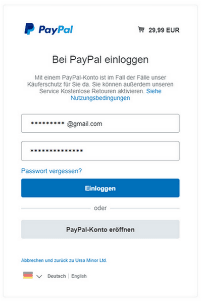 Einloggenn in PayPal Konto für die Änderung der Rechnungsadresse