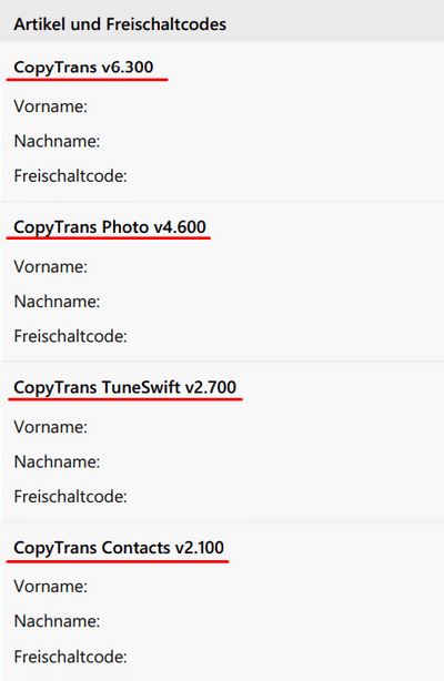 Freischaltcodes für verschiedene CopyTrans Programme