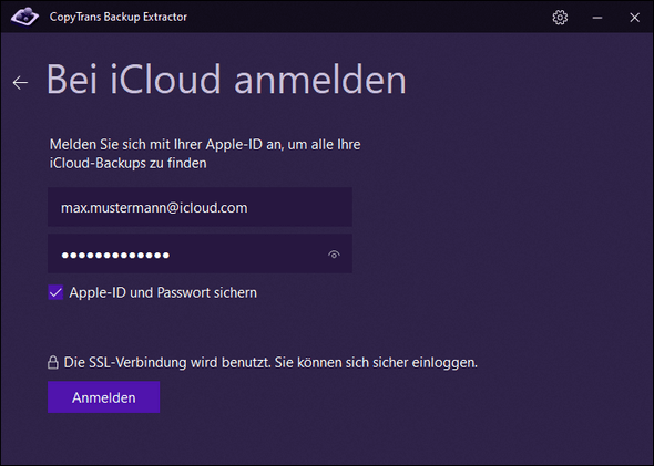 iCloud Daten in CopyTrans Backup Extractor angeben