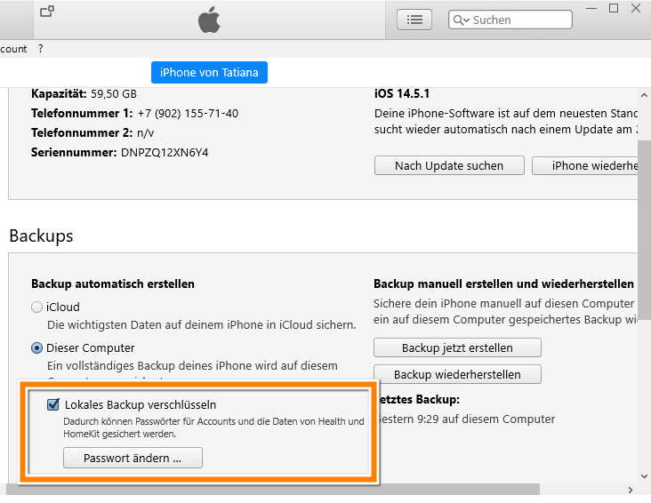 iTunes Backups verschlüsselt erstellen