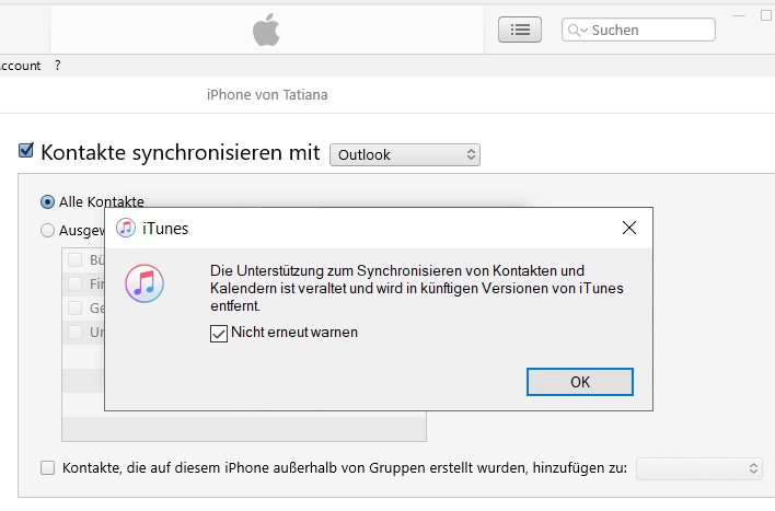 iTunes synchronisiert Kontakte nicht mehr