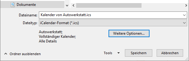 Outlook Kalender Speichern-Button anklicken