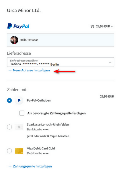 In PayPal neue Adresse hinzufügen