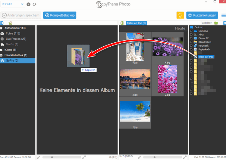 Bilder auf iPad übertragen: komplettes Album von PC auf iPad