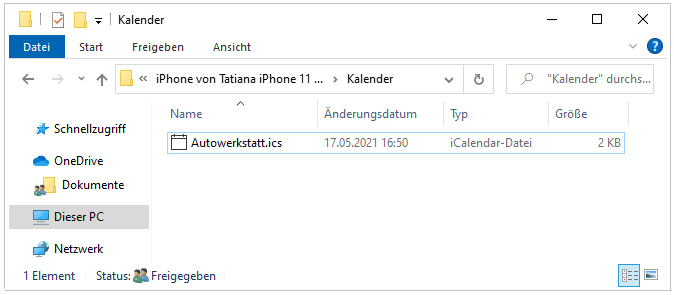 Outlook Kalender wurde exportiert