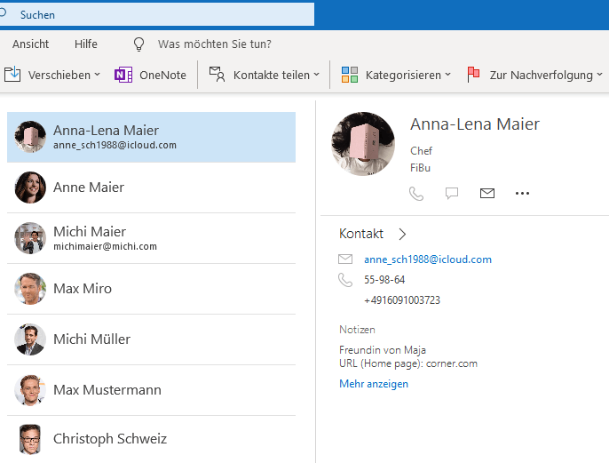 Übertragen Kontakte in Outlook